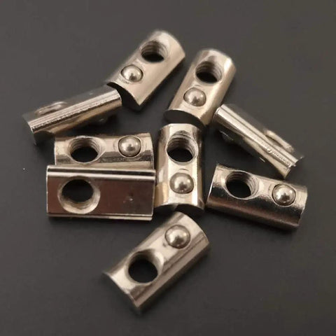 100 Pack Spring Loaded M5 T Nuts for 20x20 Aluminum Extrusions, 6mm Slot, Nickel Plated Carbon Steel, Silver Finish, Top View
