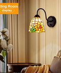 Bedside Wall Mount Lamp With Dimmable Switch Gooseneck Sconce Industrial Vintage Look Floral Stained Glass Shade Plug In Cord Ideal For Bedroom Living Room And Hotels Soft Glow And Warm Ambience Energy Saving Led Compatible displayed in a sitting room ambiance