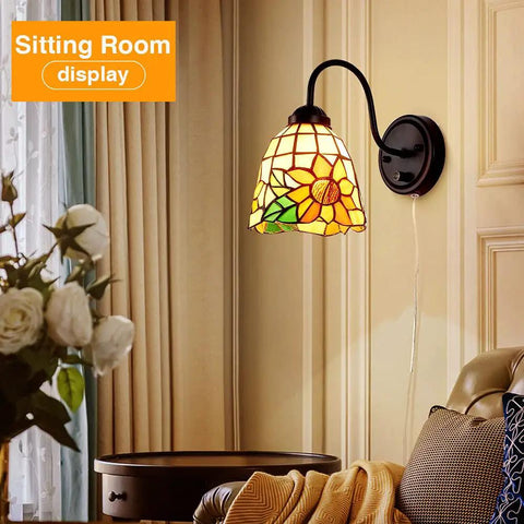 Bedside Wall Mount Lamp With Dimmable Switch Gooseneck Sconce Industrial Vintage Look Floral Stained Glass Shade Plug In Cord Ideal For Bedroom Living Room And Hotels Soft Glow And Warm Ambience Energy Saving Led Compatible displayed in a sitting room ambiance