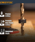 Seven Piece Metric Drill Bit Depth Stop Collar Set Built Tough For Dead Nuts Accurate Marked Sizing From 3mm To 12mm For Easy Woodworking And Doweling With Hex Wrench during precise drilling on wood.