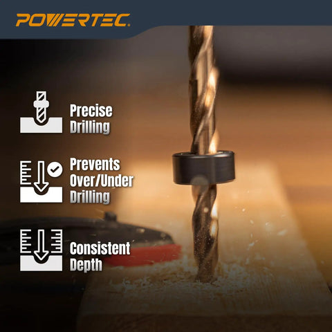 Seven Piece Metric Drill Bit Depth Stop Collar Set Built Tough For Dead Nuts Accurate Marked Sizing From 3mm To 12mm For Easy Woodworking And Doweling With Hex Wrench during precise drilling on wood.