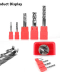 Built For Tough Steel Jobs Five Piece 5/64 Inch Carbide End Mill Set With 4 Flutes, 1/8 Inch Shank, CNC Router Bits in red holders