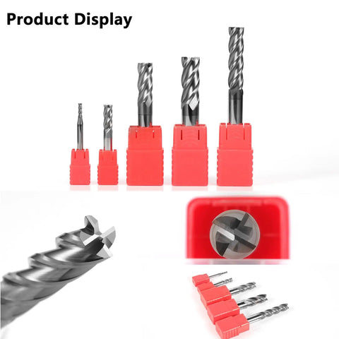 Built For Tough Steel Jobs Five Piece 5/64 Inch Carbide End Mill Set With 4 Flutes, 1/8 Inch Shank, CNC Router Bits in red holders