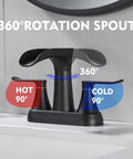 Matte Black 4 Inch Centerset Bathroom Faucet With Waterfall Flow Two Handle 3 Hole Sink 360 Degree Swivel Spout Pop Up Drain Included