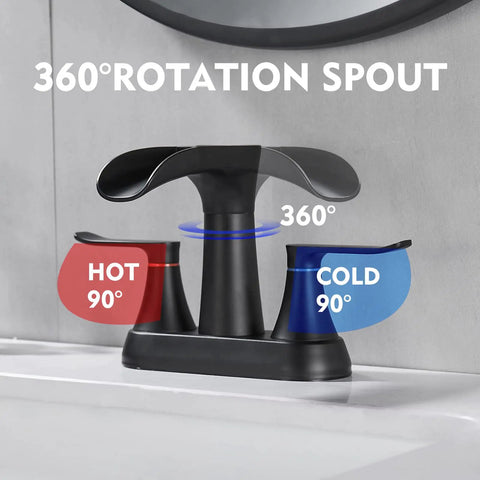 Matte Black 4 Inch Centerset Bathroom Faucet With Waterfall Flow Two Handle 3 Hole Sink 360 Degree Swivel Spout Pop Up Drain Included
