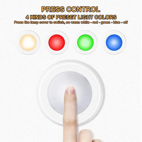 Finger pressing Wireless 16 Color Changing LED Puck Lights Kit 12 Pack Under Cabinet Closet Lighting With remote dimming.