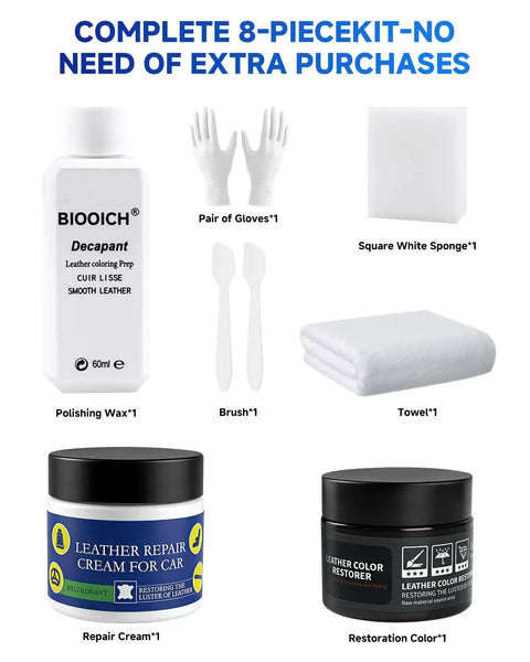 Tesla Steering Wheel Repair Kit 8 Piece Leather And Vinyl Restorer For Model 3 Y S X DIY Fix For Tears Scratches Worn Spots And Color Fading In Black Finish with gloves, sponge, wax, brush, towel, cream, and color restorer.