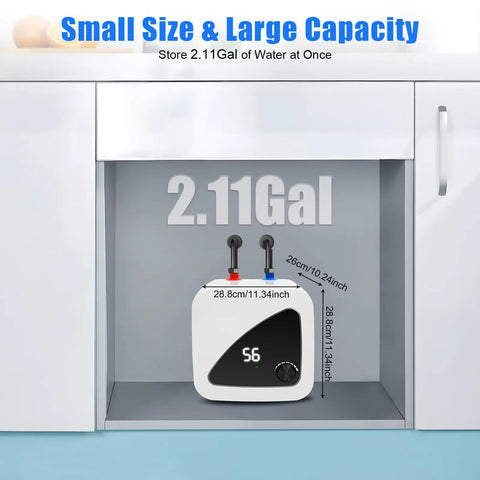 Straight Up Fast Heating Under Sink Water Heater Real Deal 1 Point 5 Gallon Electric Mini Tank Warmer displayed under sink with digital screen.