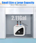 Hella Compact 2.1 Gallon Electric Mini Tank Water Heater With Instant Kickin Hot Flow For Under Sink Kitchen Bathroom RV Use Featuring Durable Stainless Steel Build Zero Hassle Wall Mount Install shown under sink with dimensions.