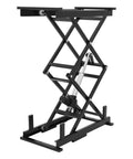 Heavy Duty Electric Scissor Lift Table Rises Smooth With Hydraulic Pump For Factory Work And Warehouse Lifting Up To 140 Pounds Of Steel Goods Or Equipment Effortlessly Today, shown in hydraulic lift position.