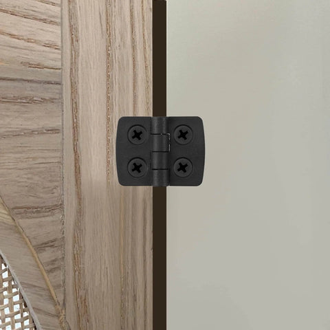 2 Pack Plastic 180 Degree Door Hinges 40mm X 31mm Black With 4 Countersunk Holes Pre Drilled Installed on Wooden Door