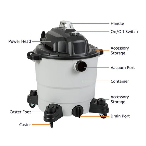 Product diagram of 12 Gallon 5 HP Wet Dry Vacuum Cleaner For Home Garage And Job Site with labeled parts and features.