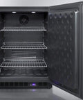 Inside view of Top Shelf Frost Free Under Counter Upright Freezer Wrapped In Premium Stainless Steel showcasing chrome trays and digital thermostat.