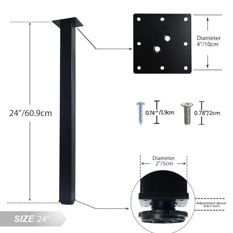 Diagram of 24 Inch Square Adjustable Metal Table Legs Set Of 4 With Leveling Feet, dimensions and hardware shown.