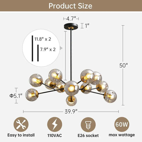 12 Light Globe Sputnik Chandelier With Smoked Glass For High Ceilings Contemporary Ceiling Light Fixture Product Dimensions