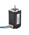 Front view of NEMA 8 bipolar stepper motor with exposed shaft and six colored wires connector