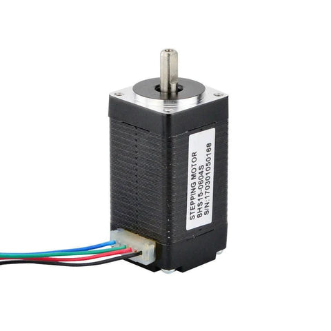 Front view of NEMA 8 bipolar stepper motor with exposed shaft and six colored wires connector