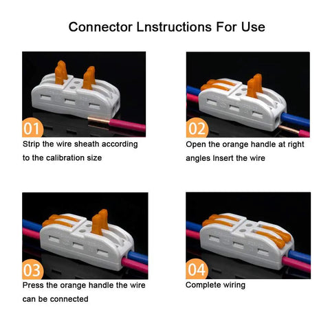 Installation steps for Premium SPL-2 Lever Nut Wire Connectors 15 Pack, 2 Way 4 Port Compact Splice Connectors.