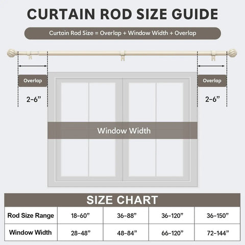 Size guide for Extra Long White Curtain Rod for Windows 72 to 144 Inches Heavy Duty Adjustable Curtain Pole with finials.