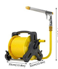Beefy Retractable Garden Hose Reel Kit With 130 Foot Heavy Duty Water Pipe, yellow hose and nozzle, wall mount design, compact size.