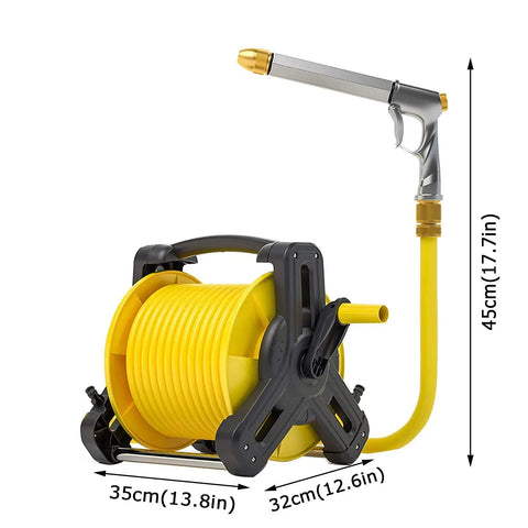 Beefy Retractable Garden Hose Reel Kit With 130 Foot Heavy Duty Water Pipe, yellow hose and nozzle, wall mount design, compact size.