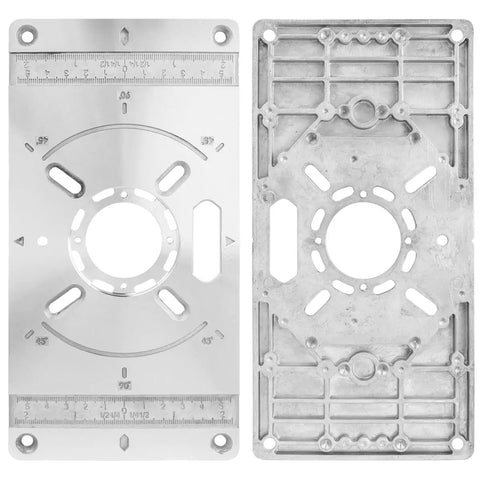 Heavy Duty Aluminum Router Table Insert Plate Kit, two metal plates with measurement markings for woodworking projects.