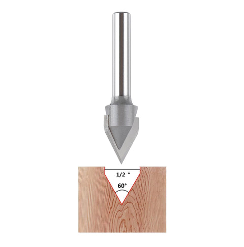 Pro-Grade Carbide Tip V Groove CNC Engraving Bit For Routers, 60 Degree V-Groove, 1/2 Inch Cutting Diameter, 1/4 Inch Shank, shown on wood