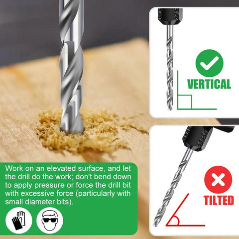 10 Pack Mini Hss Twist Drill Bit Set Straight Shank High Speed Steel Micro Drill Bits drilling vertically into wood surface