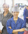 Two workers in factory setting, woman wearing Anti Static Cleanroom Hat Breathable Working Cap Lightweight Protective Headwear.