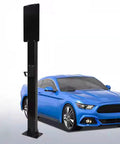 Heavy-Duty EV Charger Holder And Cord Protector, black wall-mount design alongside a blue car, sturdy galvanized steel for outdoor use.