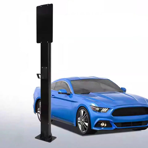 Heavy-Duty EV Charger Holder And Cord Protector, black wall-mount design alongside a blue car, sturdy galvanized steel for outdoor use.