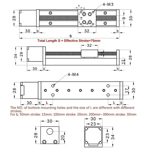 Technical drawing of XYZ Axis Motorized Slide Table dimensions and details for electric drive kit precision sliding motion.