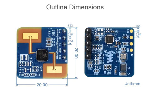Human Micro Motion Detection MmWave Sensor 24GHz Radar With FMCW Technology Compact Module Built In MCU And UART Config For Easy No Fuss Integration And Accurate Sensing Of Moving Or Standing People. 20mm PCB outline dimensions