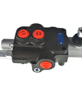 1-spool hydraulic directional control valve, black body with red port plugs and blue label