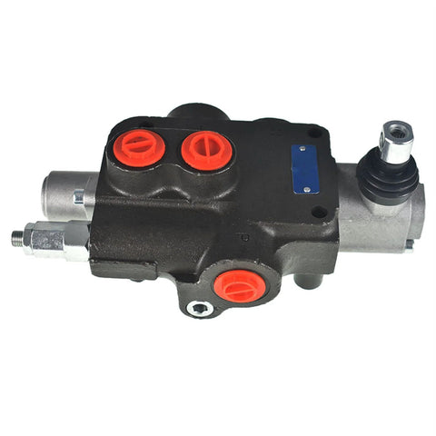 1-spool hydraulic directional control valve, black body with red port plugs and blue label