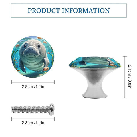 Dope Manatee Themed Cabinet Knobs Two Pack Stainless Steel Round Drawer Pulls with dimensions shown