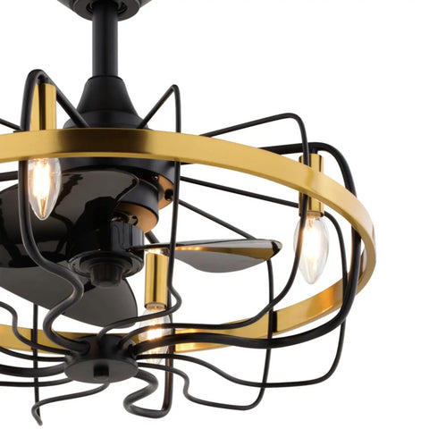 HomeStock Modern Industrial 21-Inch Ceiling Fan with Dimmable Light Kit and Remote Control for Small Rooms, gold and black design.