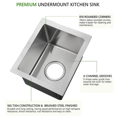 Heavy Duty 16 Gauge Stainless Steel Undermount Bar Sink 13 Inch By 15 Inch Exterior, 11 By 11 Inch Interior, 9 Inch Depth, R10 Round Corners