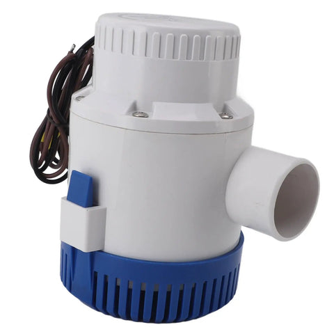 Supercharged 4000 GPH 12 Volt DC Submersible Water Pump with Overheat Prevention, compact design for fluid transfer.