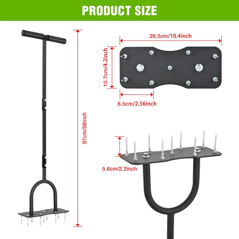 Manual Lawn Aerator Spike Tool With Nine Two Point Two Inch Iron Spikes For Deep Soil Aeration And Dethatching; size details shown