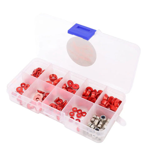 Premium Aluminum CNC Machined RC Screw Washer Kit with red anodized washers and nuts in plastic storage box for 1/10 and 1/8 scale RC cars.