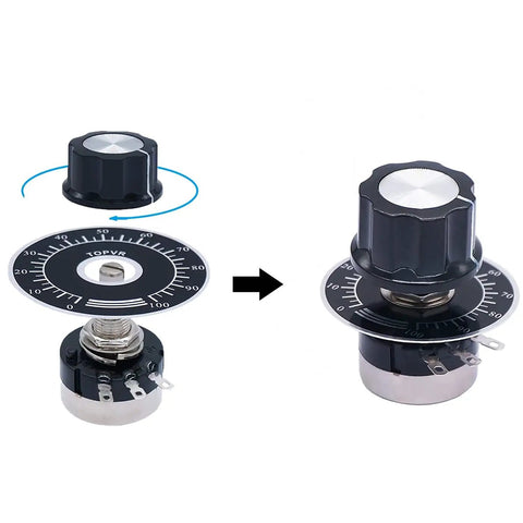 10K Ohm Potentiometer Single Turn Carbon Film Rotary Taper For Inverter Speed Control With 2 A03 Knobs And 2 Dials 2-Watt 3-Pin