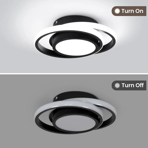 Two Ring Modern LED Ceiling Light Fixture In Black Finish turned on and off, dual ring design, 6000K, 32W