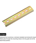 Din Rail Slotted Iron Mounting Guide One Piece Bronze Tone Five Inch Long Thirty Five Millimeter Wide Six Point Five Millimeter High Ideal For Circuit Breakers Contactors Auxiliary Relays Terminal Blocks Low Voltage Equipment And Power Supplies shown flat with mounting slots visible.
