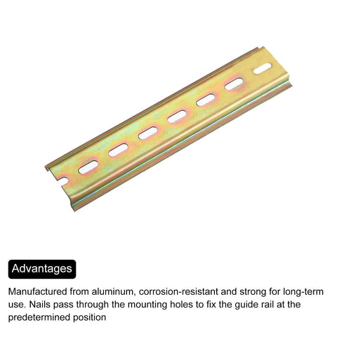 Din Rail Slotted Iron Mounting Guide One Piece Bronze Tone Five Inch Long Thirty Five Millimeter Wide Six Point Five Millimeter High Ideal For Circuit Breakers Contactors Auxiliary Relays Terminal Blocks Low Voltage Equipment And Power Supplies shown flat with mounting slots visible.