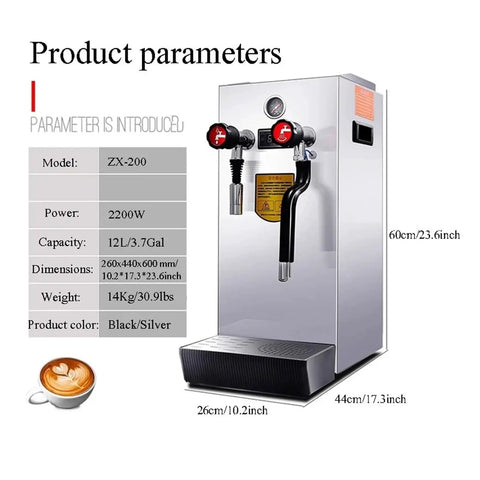 Heavy Duty Commercial Steam Boiler For Bubble Tea Shops Automatic Electric Hot Water Heater Plug And Play Quick Start Smooth Operator Built Tough Silver Finish with product parameters and dimensions.