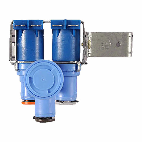 Genuine OEM Water Inlet Valve Model MJX41869202 for refrigerators replacement part shown with metallic bracket and blue connectors