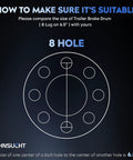 Trailer brake drum diagram showing 8-hole 6.5in bolt circle and central hub; SEHNSUCHT logo.