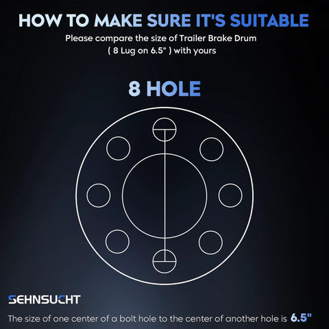 Trailer brake drum diagram showing 8-hole 6.5in bolt circle and central hub; SEHNSUCHT logo.