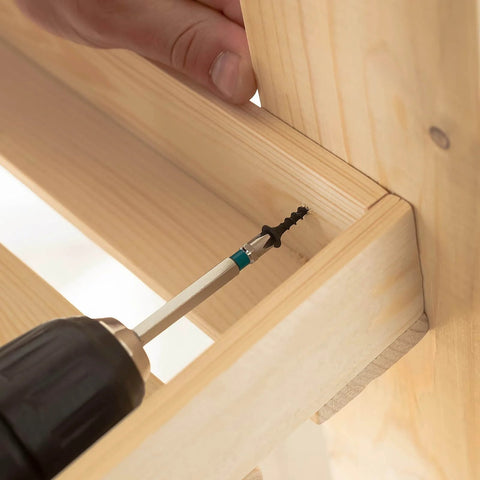 50Pcs No 10 X 3/4 Inch Phillips Head Self-Tapping Screws installed in wooden surface with drill, demonstrating usage in wood.